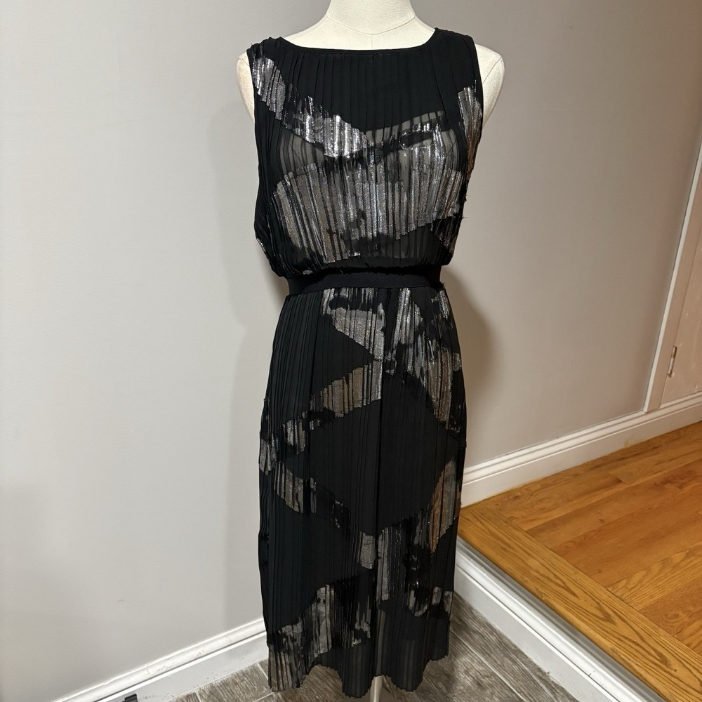 BCBG MAXAZRIA Black Silver Chiffon Pleated Dress Sz XS Whimsigoth Semi Sheer